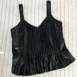 Let Me Be Anthropologie Black Faux Leather Top Pleated Modern Dark Academia XS